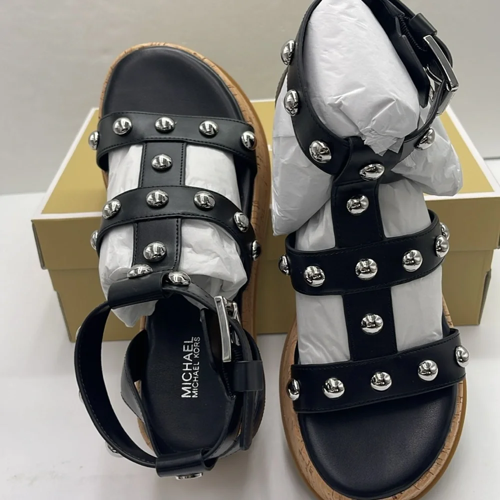 MICHAEL KORS Selah Studded Platform Gladiator Silver Studded Sandal Black  New